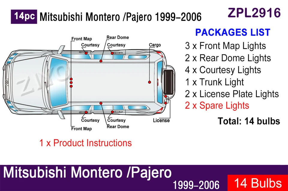 14 шт светодиодных ламп для модернизации салона для Mitsubishi Montero Pajero V60 1999-2006 - Изображение 2 из 4