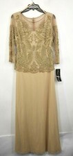 Pisarro Nights Womens Beige Scoop Neck Sheer 3/4 Sleeve Embellished Mesh Gown 6