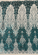 FEATHERS - Design Sequins Embroider 4 Way Stretch Mesh Fabric By Yard