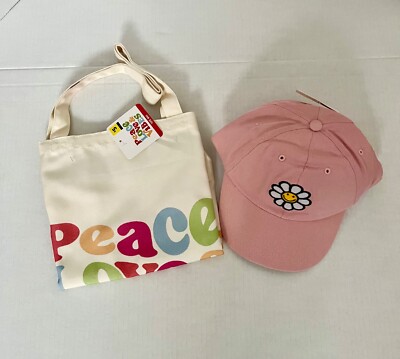 Peace Love Vibes Tote Bag With Matching Daisy Hat Cap Pink 70's Inspired NEW
