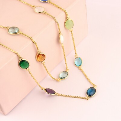 Briolette Cut Mix Oval Gemstones Yellow Gold Plated Bezel Setting Chain Necklace