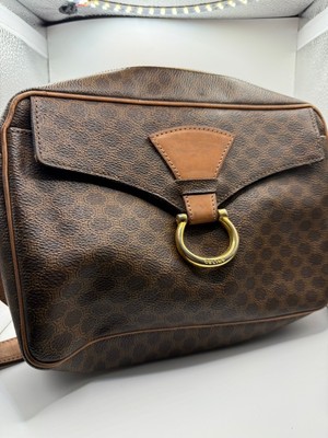 CELINE Macadam Canvas Shoulder Bag Leather Brown Gold Authentic