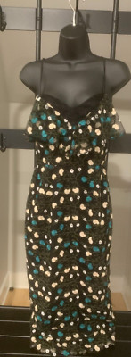 COOPER ST Black Blue Floral Dress Ruffle Neckline Lace Thin Strap US 4 S Small