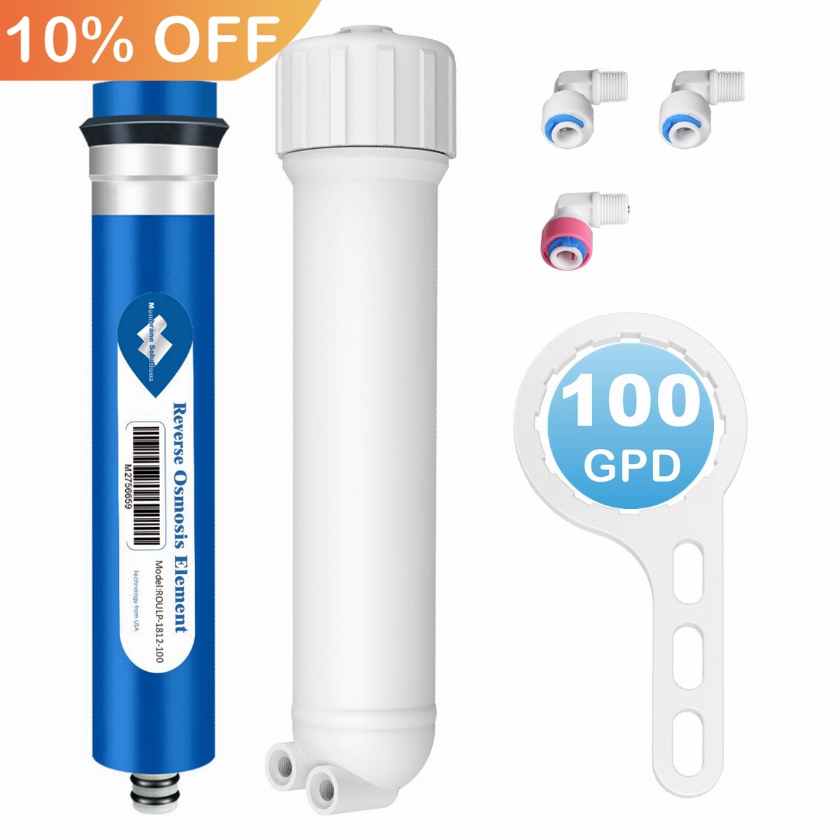 100 GPD RO Membrane Reverse Osmosis System Water Filter Housing&plus;Fittings&plus;Wrench