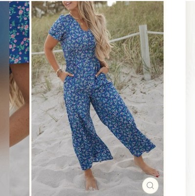 Ivy City Co Allie Jumpsuit 10 Blue Ditsy Floral Wide Leg Pockets Lace Up Cotton