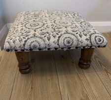 Vintage Fabric Top Stool With Wooden Legs & Metal Studs Footstool 19 X 44cm