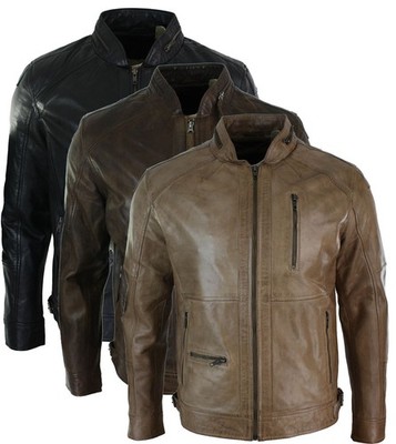 Herren Reißverschluss Biker Stil Smart Freizeit Echt Leder Jacke Schwarz Braun Oliv Urban