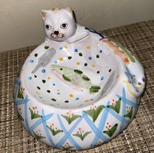 Vintage hand painted cat clay pottery cat food bowl