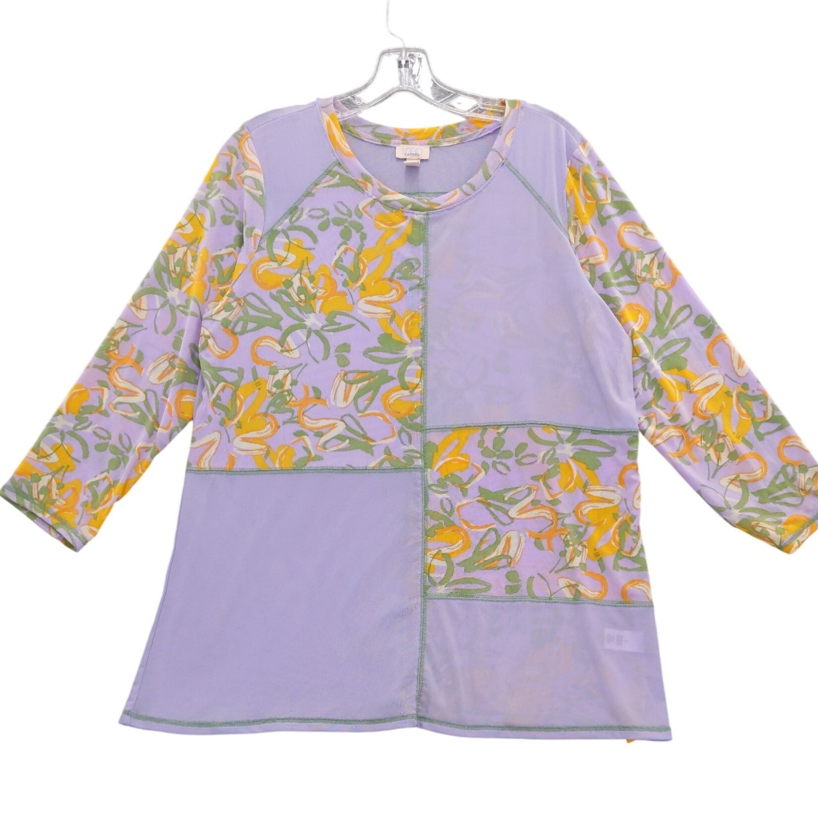 LOGO Layers Lavender Floral Patchwork Sheer Mesh Top Sz L
