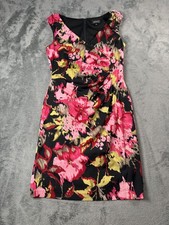 Adrianna Papell Dress Womens 8 Multicolor Floral Ruched Sheath V Neck Cap Sleeve