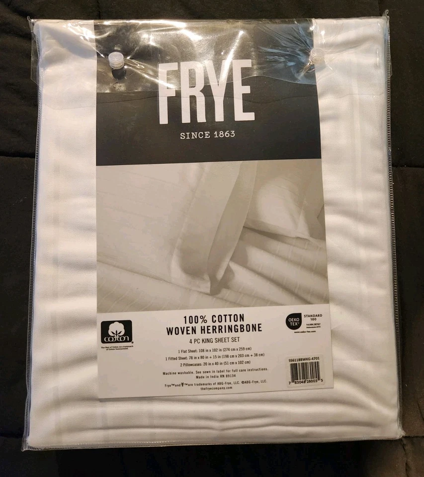 NEW FRYE King Sheet Set 100% Cotton Woven Herringbone 4 PC in White-Original Bag - Image 2 of 3