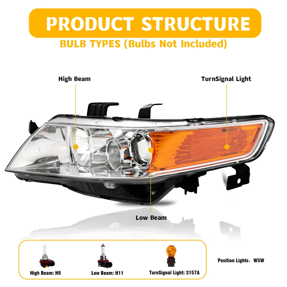 Headlights Headlamps Chrome Amber Left+Right for Acura TSX 2004 2005 2006 2007 - Image 4 of 4