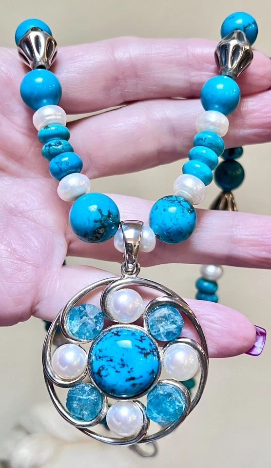 HERMOSO Collar Diseñador Plata Esterlina Turquesa, Perla, Vidrio de Mar Adornado Foto 3 de 4