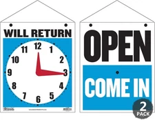 BAZIC Open Sign 7.5"x9", Clock Will Return be 2-Pack, Return/Open 