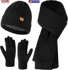 Womens Winter Knit Warm Hat Beanie Long Scarf Touch Screen Gloves Set for Cold W