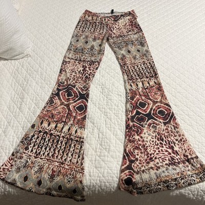 Elan  Wide Leg Elastic Waist Boho Print Boot Cut Pants Cream, Red & Brown Small