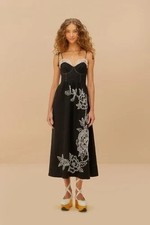 NWOT FARM RIO Richelieu Crochet Lace Linen Midi Sundress Black Women's Sz L $348