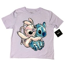 Disney T-Shirt Womens S Purple Lilo Stitch Angel Hug Love Graphic Tee Cartoon