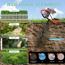 72CC Auger Post Hole Digger, with 3 Auger Drill Bits + 2 Extension Rods