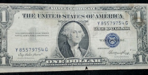 SERIES 1935 E BLUE SEAL ONE DOLLAR SILVER CERTIFICATE NOTE SER Y85579754G