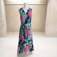 Talbots Petite Floral Maxi Dress Sleeveless Belted Ruffle Hem Tropical Print