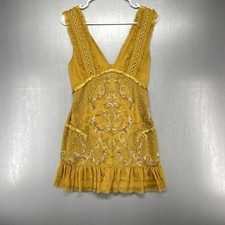 ASOS Yellow Embroidered Eyelet Ruffle Spaghetti Strap Sheer Lined Dress Sz 4
