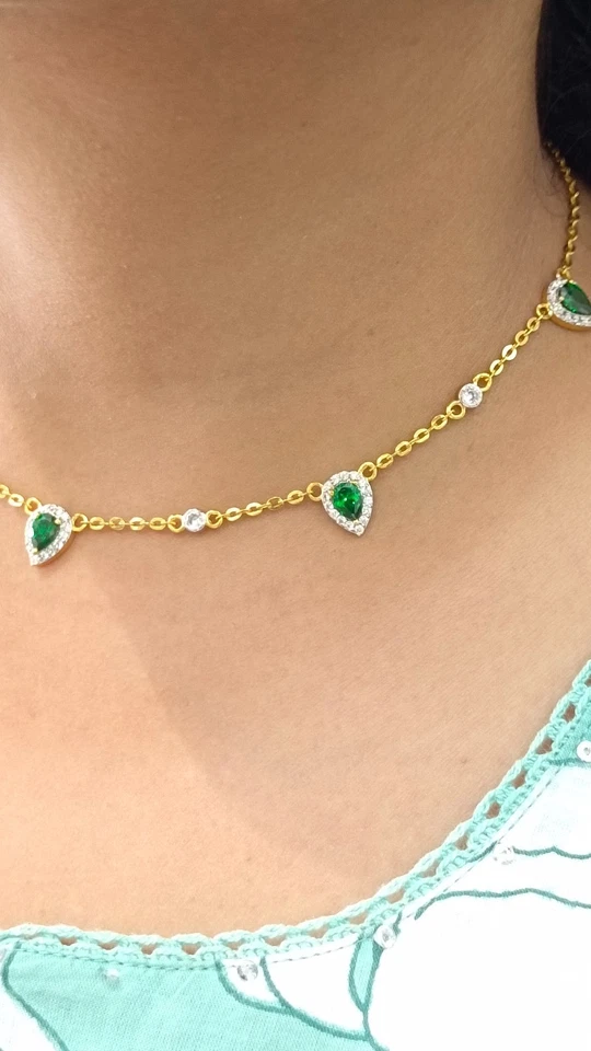 3.5Ct Birne Simulierte Smaragd & Diamant Halsband 45.7cm 14K Gelbgold - Bild 4 von 4