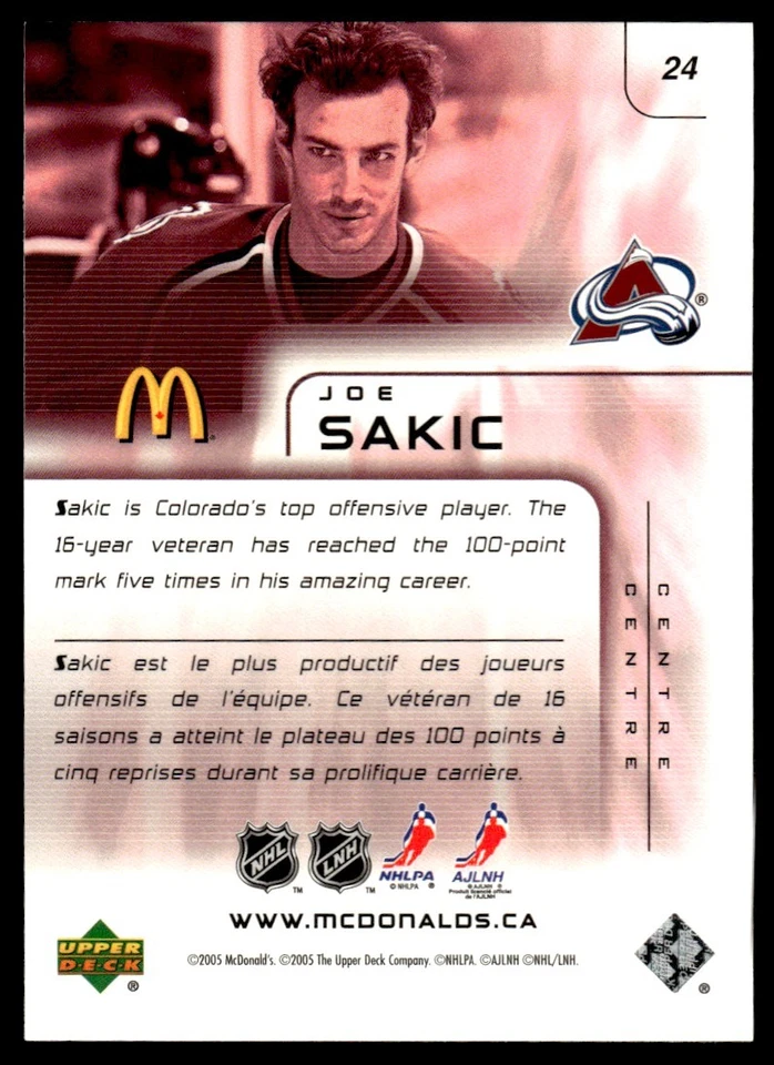 2005-06 Upper Deck McDonald's Joe Sakic Colorado Avalanche #24 - Image 2 of 2