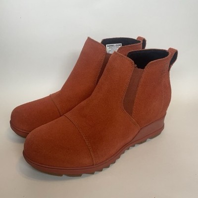 NWOB Sorel Evie Warp Red Suede Leather Hidden Wedge Ankle Boots Women Size 9.5