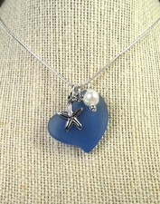SAPPHIRE BLUE Sea Glass Jewelry flat HEART pendant w pearl, starfish 20" chain