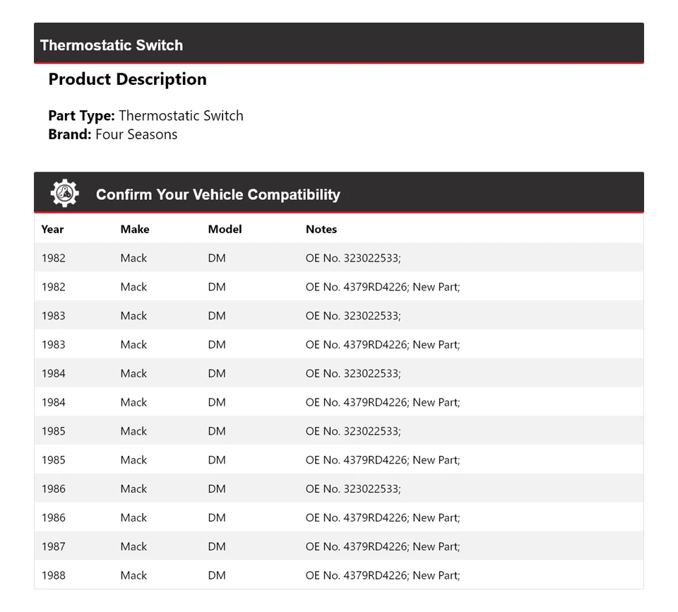Interruptor termostático Mack DM 1982-1988 4 estaciones 1983 1984 1985 1986 1987 Foto 2 de 4