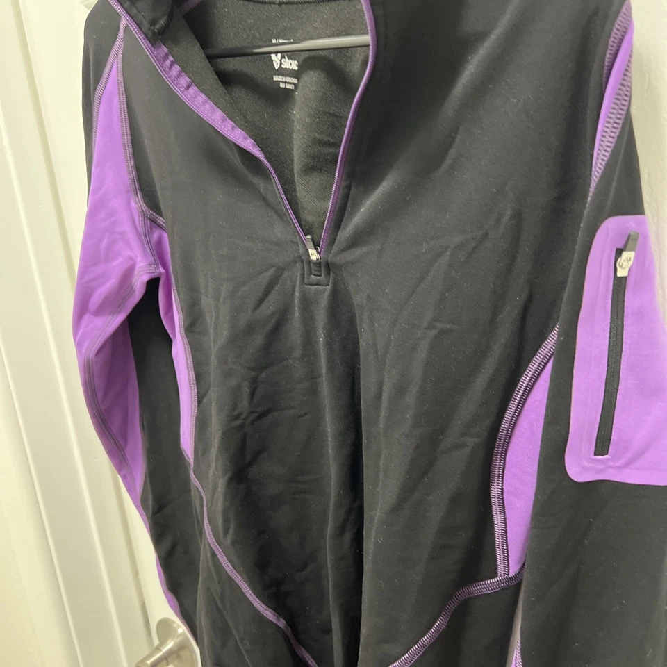 Stoic 女式中号 1/2 拉链套衫衬衫黑色紫色长袖活动 — 第 2/4 张图片