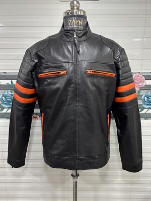 Herren 100 % Echtleder Schwarz Biker Jacke Orange Streifen Vintage Café Racer...
