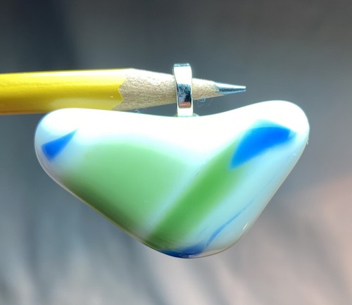 Artisan Created Melted Glass Pendant white green blue Triangular Shape