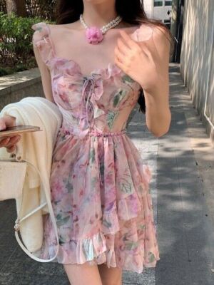 2023 Summer Elegant Floral Dress Casual Sleeveless Even Party Dress Office Lady 