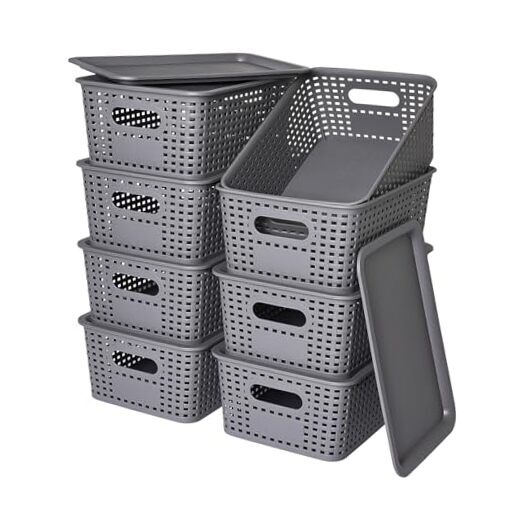 ふた付きプラスチック収納バスケット - プラスチック収納容器スタッカブルグレー