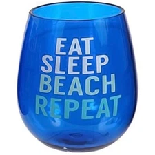 Beach Saying Blue Shatterproof Beach Eat Sleep Stemless Wine Glass - 20103E