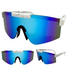 Oversize 80s RETRO SPORTY WRAP AROUND Style SUNGLASSES Big White Frame Blue Lens