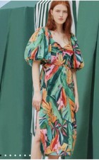 Farm Rio NWT Multicolor Banana Foliage Puff Sleeve Midi Dress Size XS