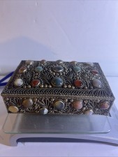 Antique Estate Silver Filigree Chest Jewelry Box Handmade W/Semi Precious Stone