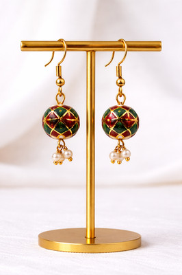 Green Red Enamel on Copper Ball Earrings Handmade Dangle Jewelry Gift for Women