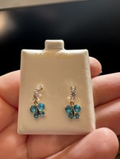 Solid 14K Yellow Real Gold Blue  White CZ Butterfly Screw Back Earrings