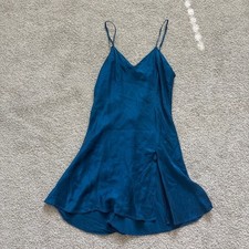 Victoria's Secret Vintage Gold Label 100 Silk Teal Blue V-Neck Slip Dress Small