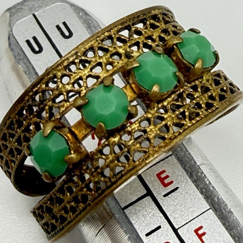 Vintage Western Germany Filigree Adjustable Ring Green & Gold Tone