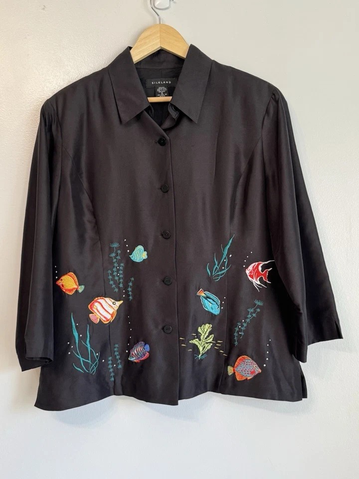 Blazer Vintage 100% Seda Negro Floral Bordado Talla 16 Boho Artístico Tranquilo Lujo Foto 3 de 4