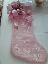 SHABBY PINK ROSES ON BOWS BIG  20 IN. PINK  CHRISTMAS STOCKING