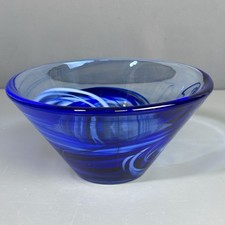 Kosta Boda Swedish Art Glass Bowl Cobalt Blue Swirl Signed Modern Scandinavian