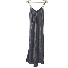 Cynthia Rowley Lame Slip Dress Navy Gunmetal Metallic Silk Blend XS New Vneck