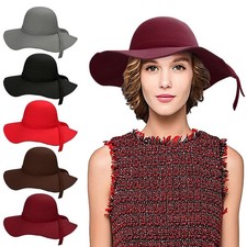Vintage Women Wide Brim Floppy Warm Felt Hat Trilby Bowler Cap