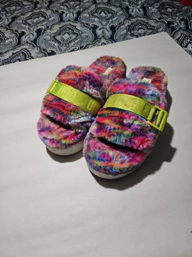 UGG Fluffita Pixelate Peluche Slide Platform Sandalo Multicolore Taglia 10 Pantofole